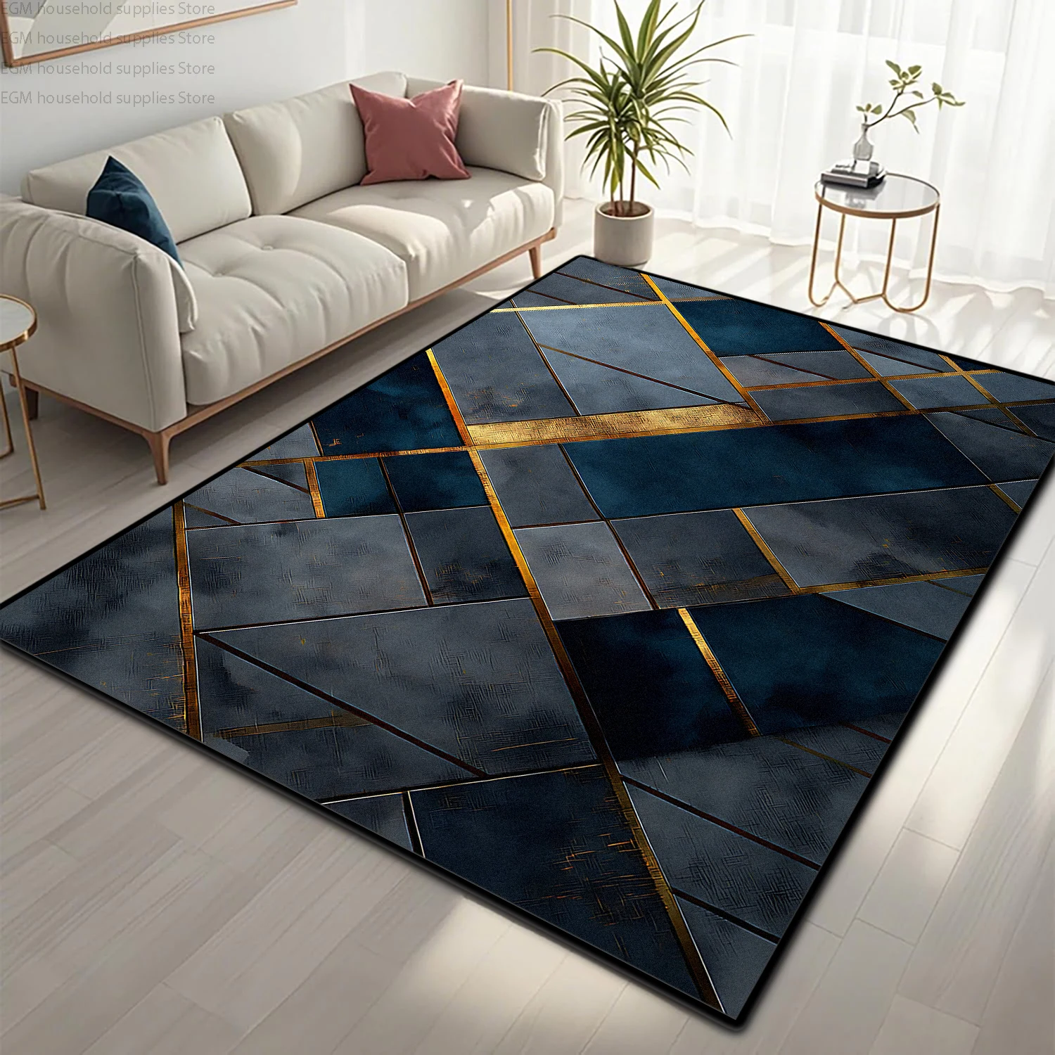 

Nordic Blue Gold Geometric Carpet Modern Luxury Living Room Large Area Rug Soft Fluffy Bedroom Non-slip Washable Study Floor Mat