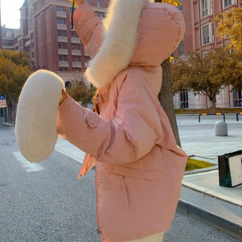 2023 New Women Down Cotton Coat Winter Jacket Female Big Fur Collar Short-Length Parkas Pink Thicken Outwear Hooded Overcoat
