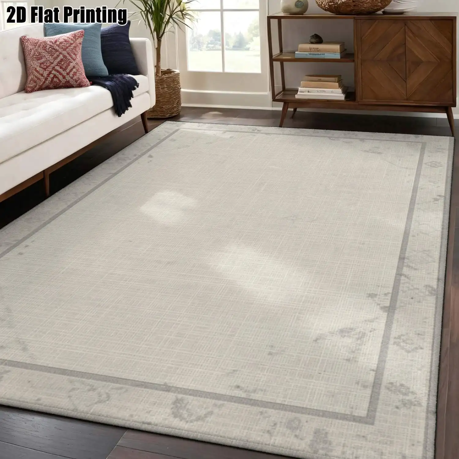 1Pc 2D Printed Carpet: Beige Geometric Border, Nordic/Instagram-Inspired, Modern Minimalist Vintage European Style, Multi-Size, Machine Washable, Ideal for Entryway, Dining Room, Foyer, Bedroom, Living Room as a Home Decor Floor Mat