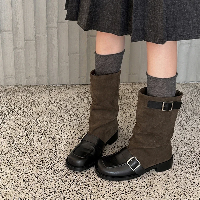 Genuine Leather Vintage Sewing Round To Square Low Heels Women Mid-calf Boots Fashion Design Belt Buckle New 2027 Winter Shoes