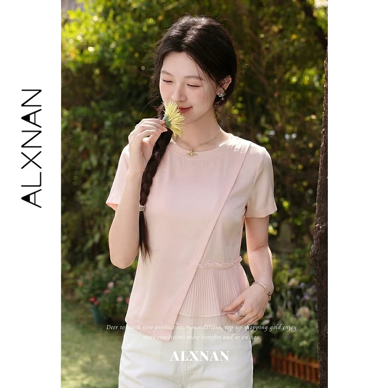 ALXNAN Pink Cotton 100% T-shirt Round Neck Lace Spliced Irregular Hem Simple Short Sleeve Top Women Summer New Tees L656108A-1