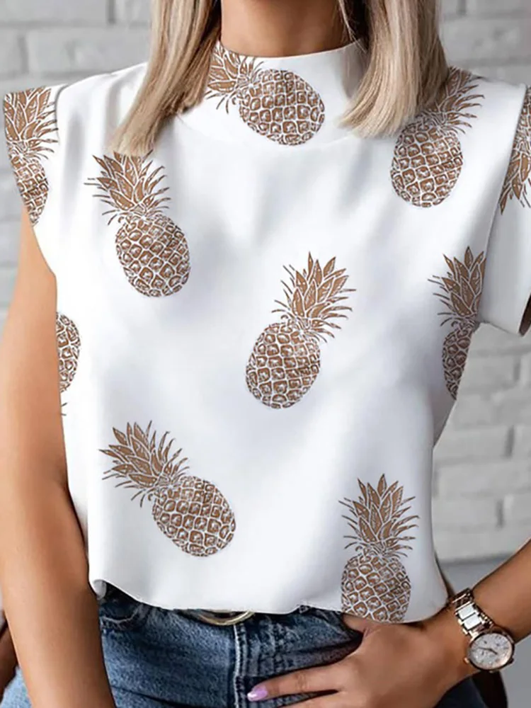 

Office Lady Print Blouse Casual Round Neck Short Sleeve Basic Pullover Tops 2022 Elegant Women Streetwear Summer Shirts Blusa