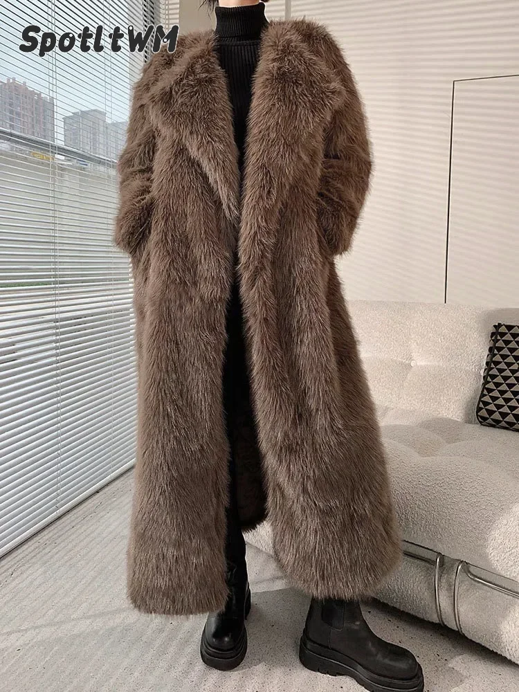 Women Brown Faux Fur Long Overcoat Luxury Lapel Fleece Long Thicken Cardigan Coat Winter Fluffy Plush Warm New Street Outerwear