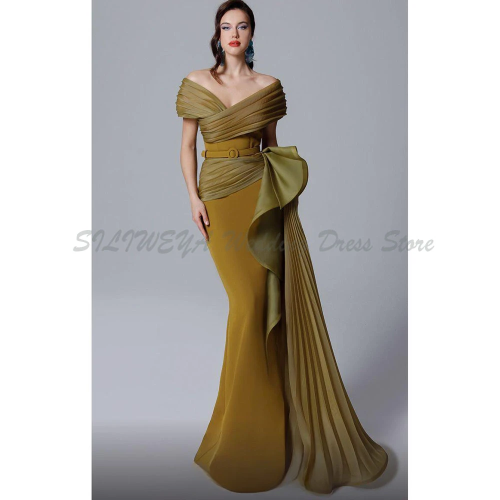 

Элегантное зеленое вечернее платье с открытыми плечами и рюшами, вечернее платье для выпускного вечера, высокое качество, длиной до пола, для банкета, для особых случаев, классика