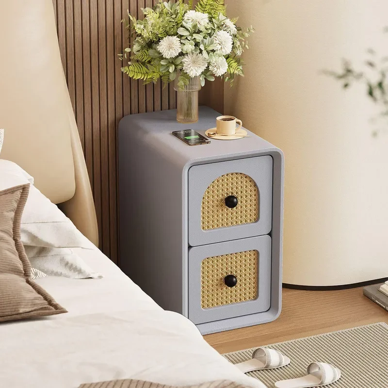 Solid Wood Rattan Bedside Table Modern Narrow Nightstand Small Storage Cabinet for Bedroom Gap Space Simple Home Furniture