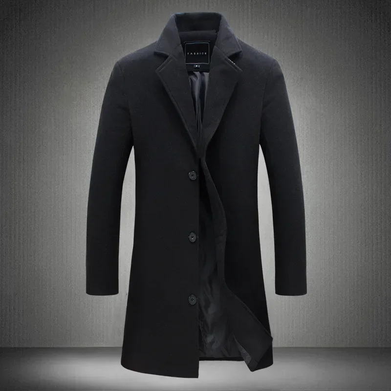 

Men's Woolen Coat Jacket Long Cotton Casual Windbreaker Single Breasted Lapel Overcoat Plus Size Fashion Wool Blend Color