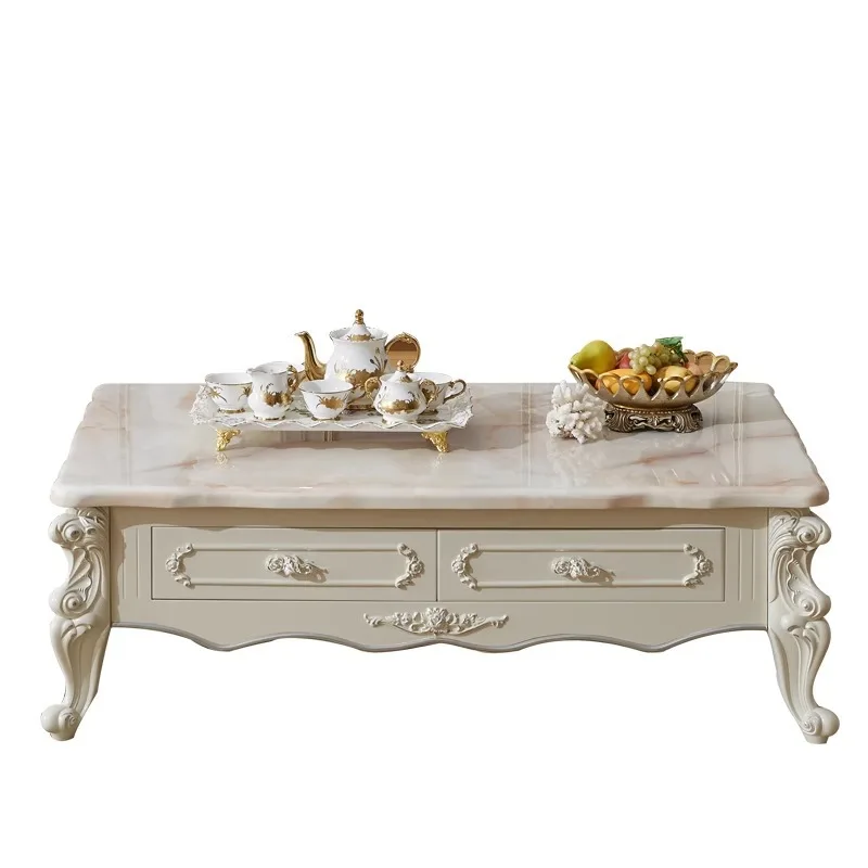 

European marble coffee table TV cabinet simple French living room with solid wood carving flower coffee table TV cabinet set