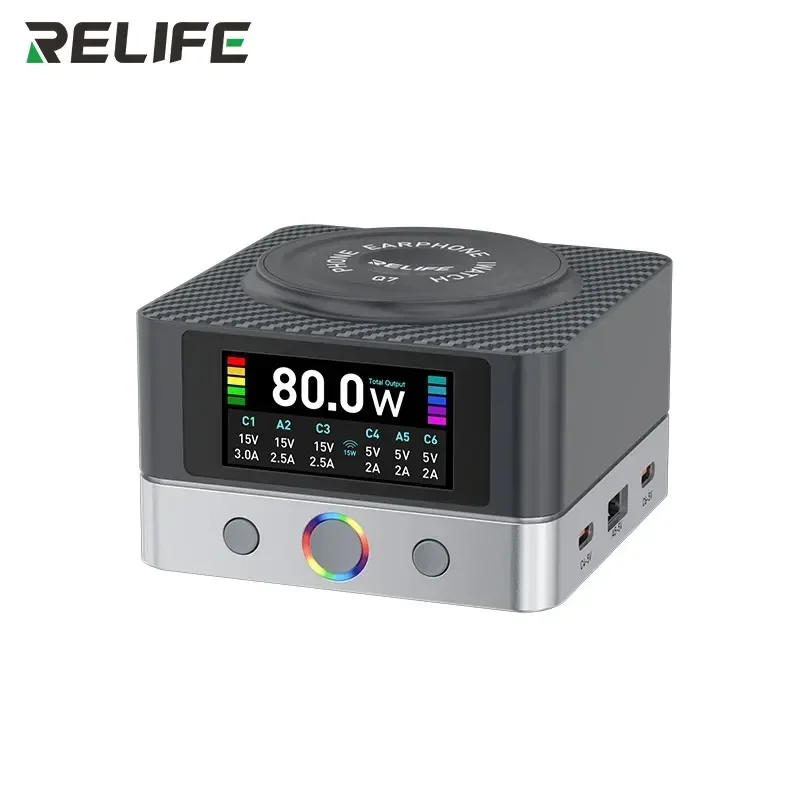 RELIFE Q7 80 Вт 6-портовое быстрое зарядное устройство с беспроводной зарядкой Интеллектуальное распределение питания ЖК-экран и защитная защита