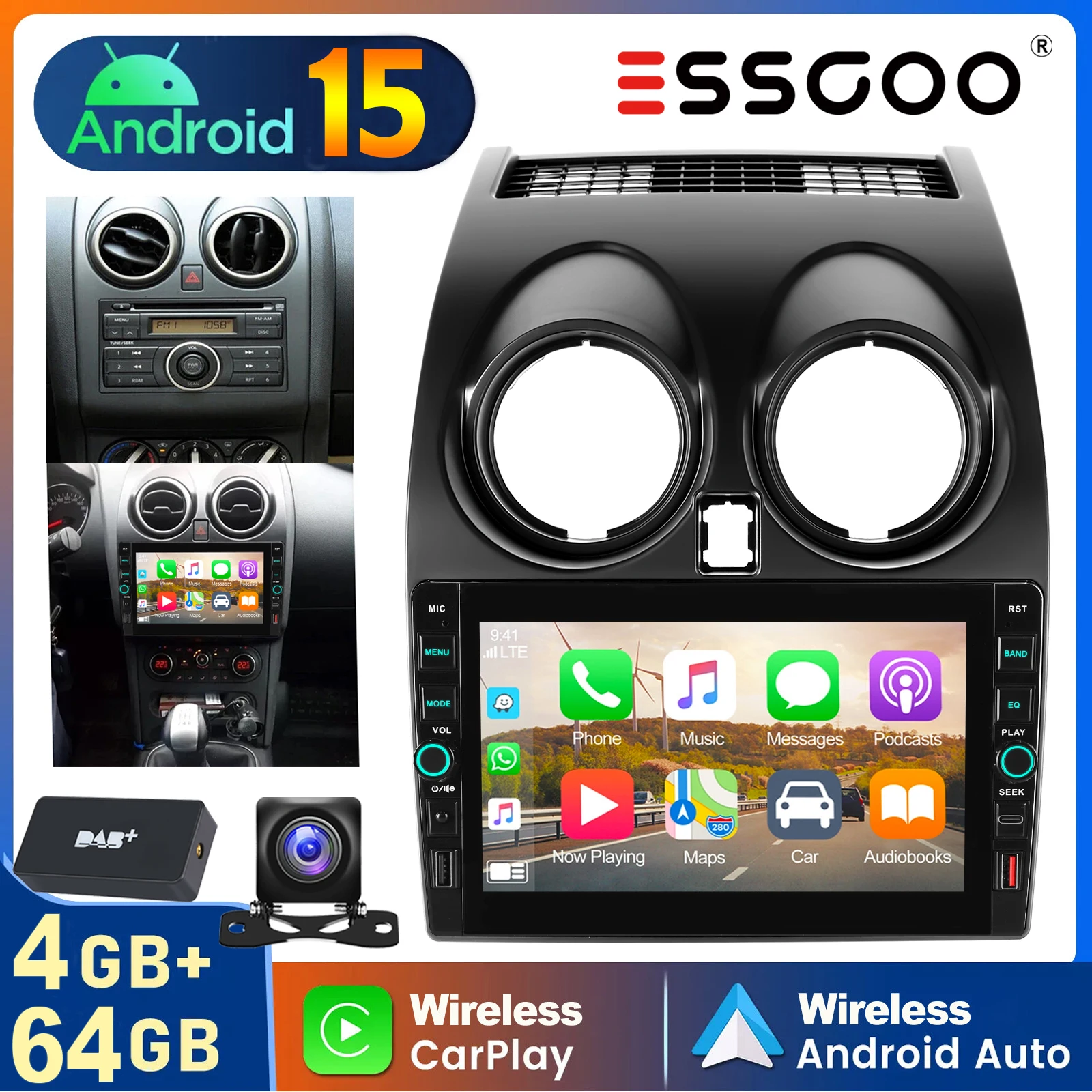 ESSGOO DAB + Aggiornamento 8 ''Android15 4 + 64G Per Nissan Qashqai J10 2006-2013 Apple Carplay Autoradio Radio RDS GPS Navi USB Tipo-C