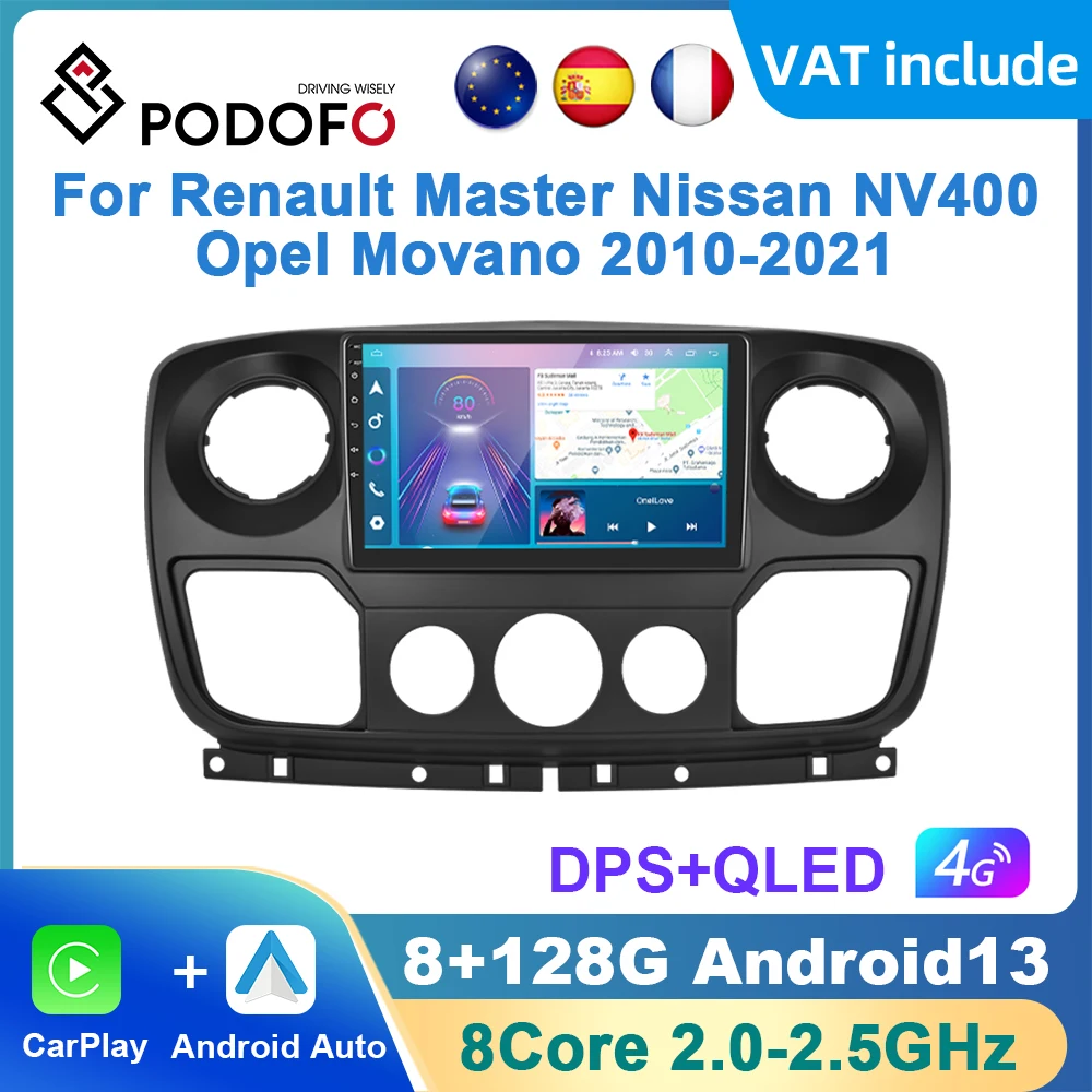 Podofo Android Carplay Car Radio For Renault Master Nissan NV400 Opel Movano 2010-2021 Android Auto GPS Navigation RDS Radio