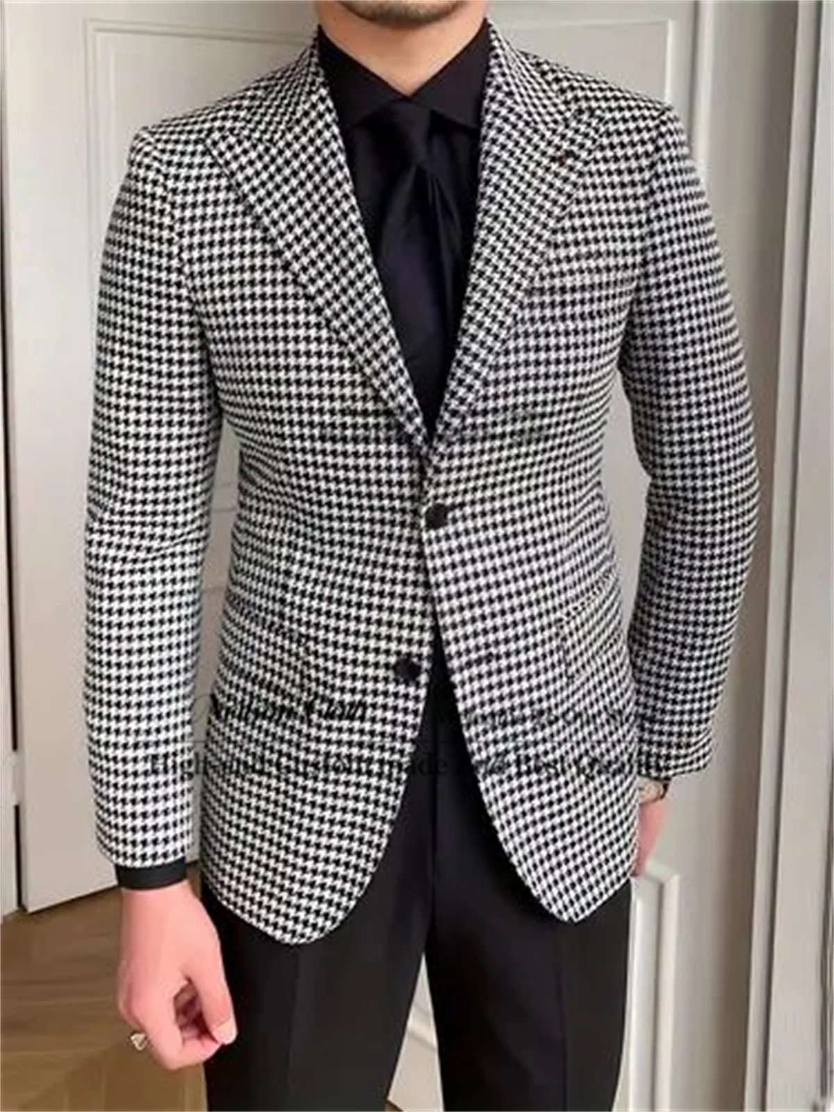 

Formal Houndstooth Male Prom Blazers 2 Pieces Sets Peaked Lapel Groom Wedding Tuxedos For Men Customized Slim Fit Costume Homme