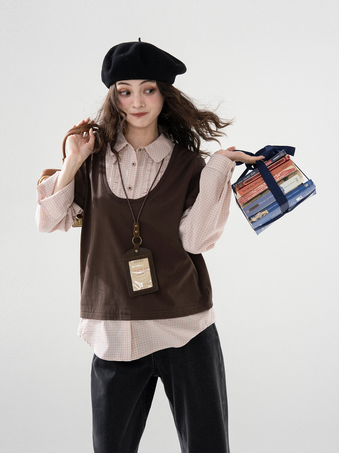 

Футболка-рубашка Briti Sle в клетку из хлопка, имитация двухслойного комплекта, свободный крой, длинный рукав, воротник-стойка, подходит для прогулок, для молодежи