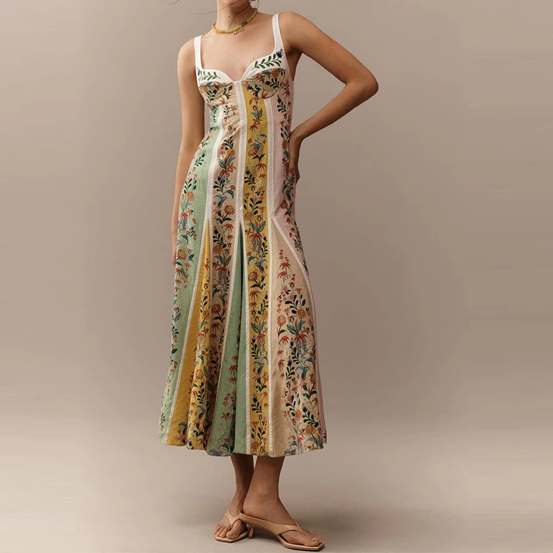 Sexy Halter sin mangas fuera del hombro Vestidos vestido de verano elegante señora Floral impreso Vintage batas Casual ahueca hacia fuera el vestido Bohe