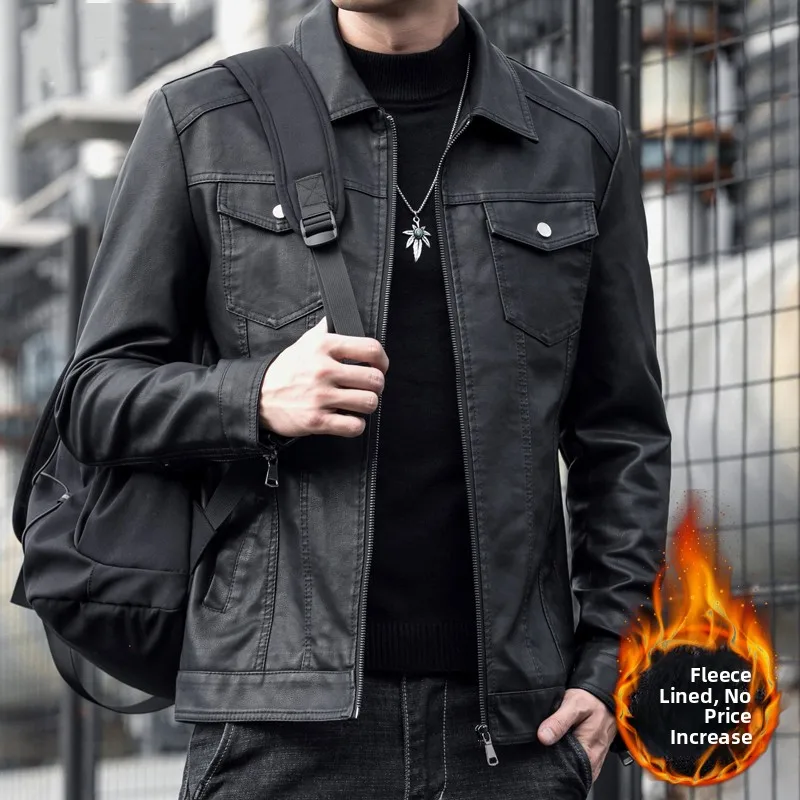 

Faionable Men's Leather Jaet Winter Casual Long Sve Fce Lined Genuine Leather Biker Sle ort Coat Zipper Closure