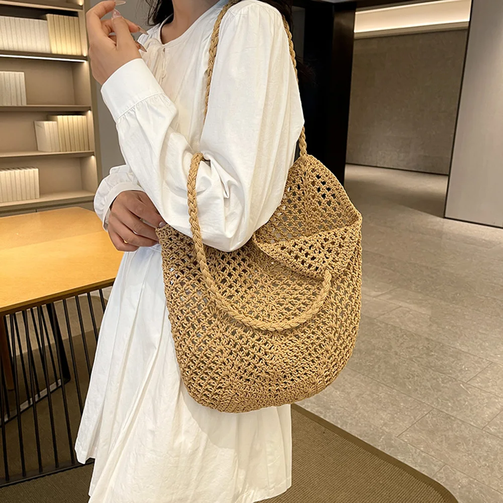 Large Capacity Women Tote Bag Straw Summer Beach Bag Solid Color Woven Shoulder Purse Hobo Bag for Shopping Vacation Travel