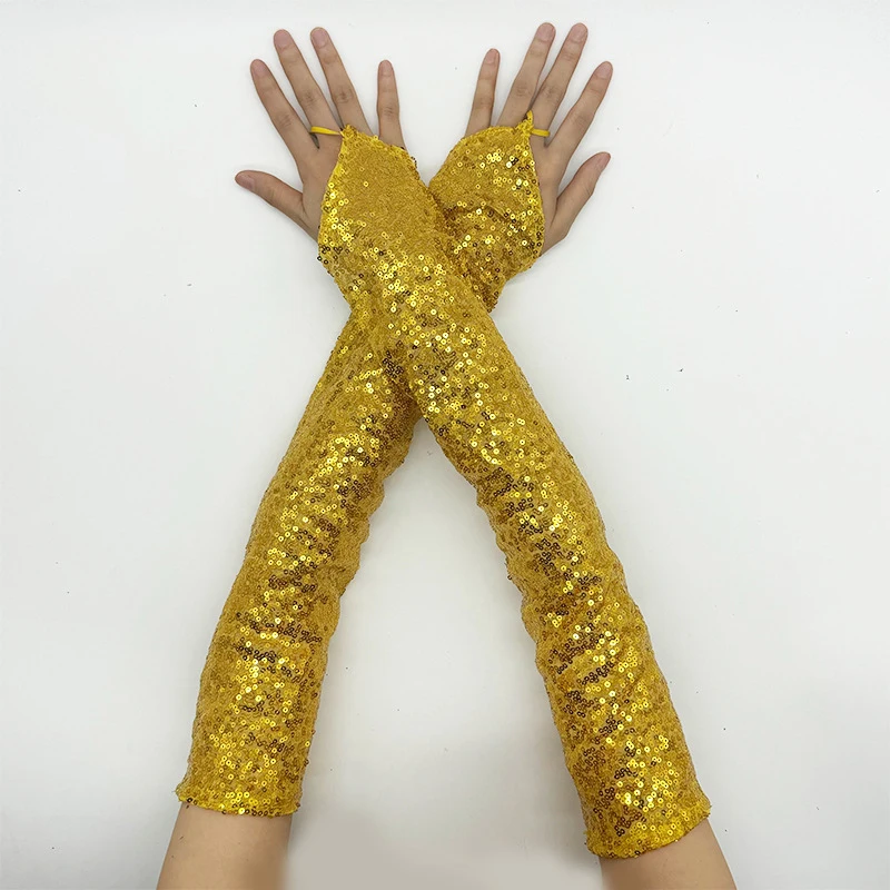 Kobiety Vintage rękawiczki bez palców z cekinami na imprezę Cosplay 50cm długi haczyk palec seksowne rękawiczki klub nocny akcesoria do występów na scenie