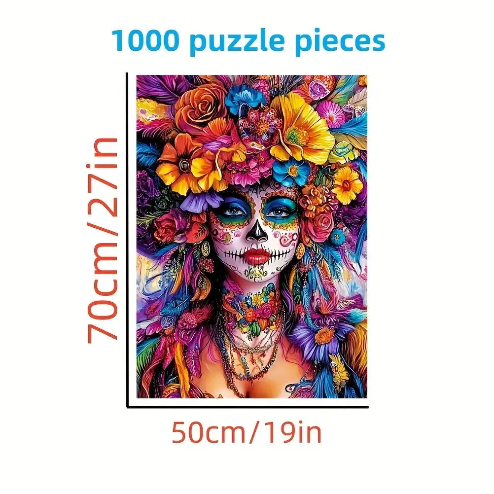 1000pcs Mexican Folk Art Puzzle - Large Puzzle for Adults & Families with Calavera Skull Woman ( Catrina), Multicolor Flower M