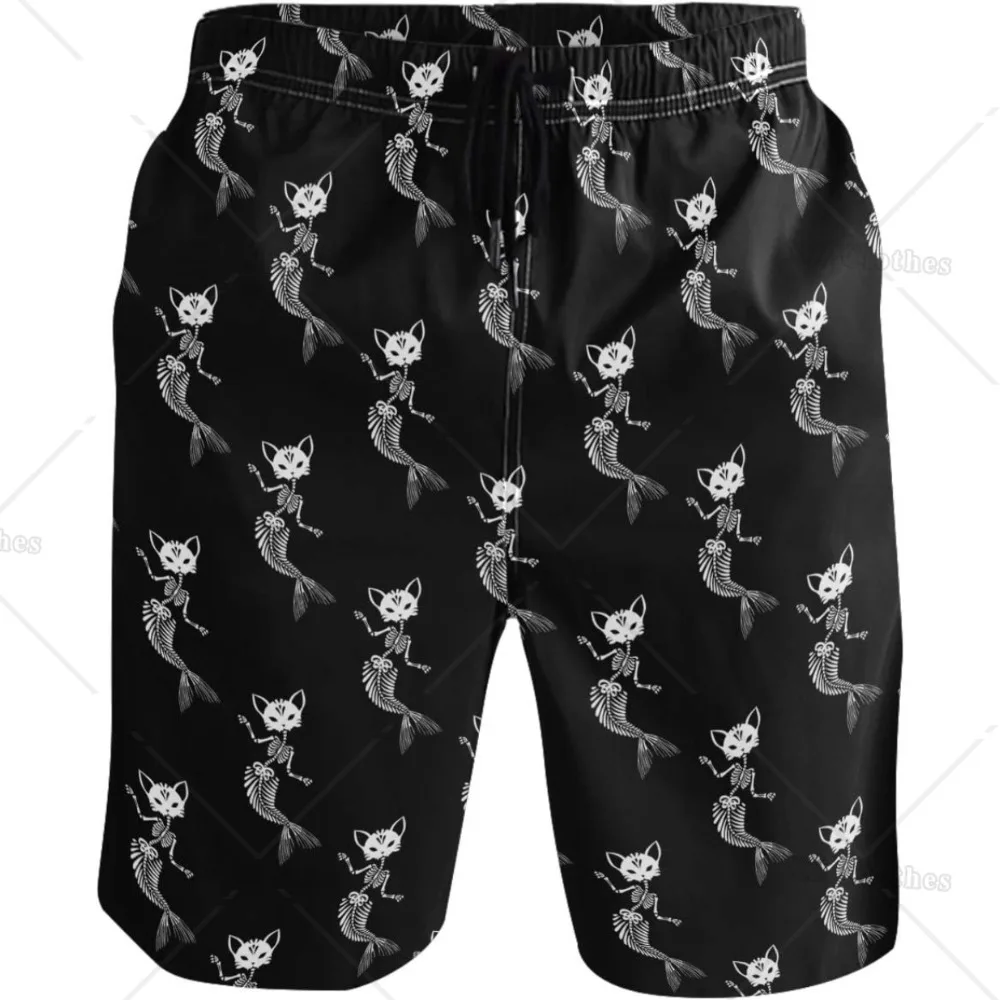 Funny Cat Mermaid Skeleton Print Black Beach Shorts Hot Summer Swim Trunks Sports Running Bathing Suits