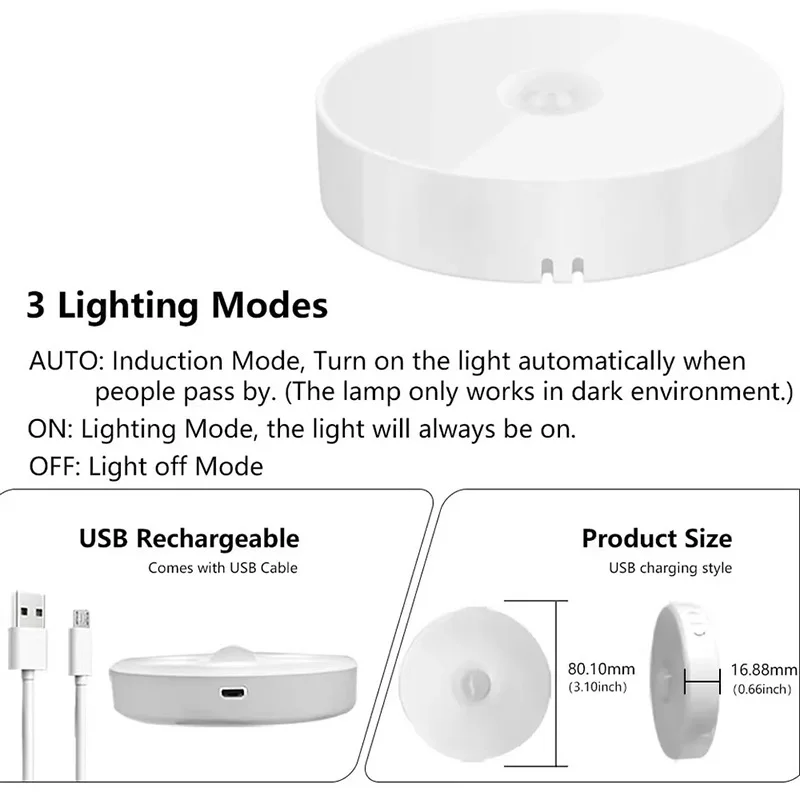 Sensor de Movimento PIR LED Night Light, USB Recarregável, Lâmpada para Cozinha, Armário, Guarda-roupa, Escada, Luz do armário sem fio