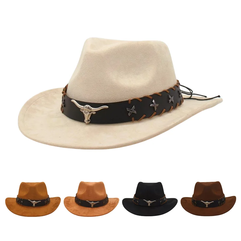

Vintage Wild West Cowboy Felt Hat – Wide Brim Curled Fedora with Bull Head Decoration, Sun-Shading Party & Performance Hat