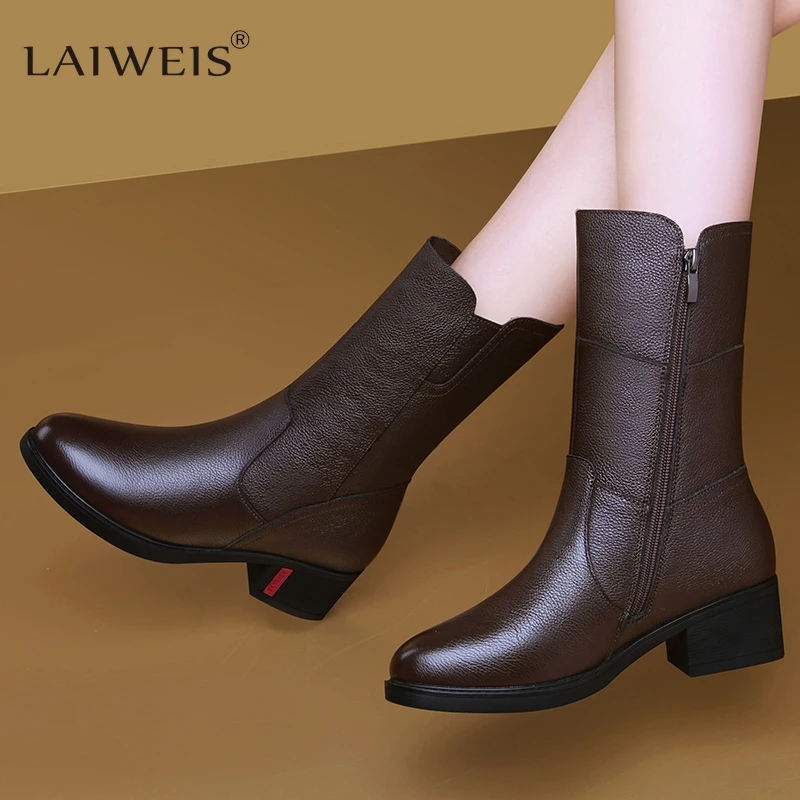 Footwear Half High Women Boots Middle Heel Shoes for Woman Black Mid Calf Fashion 2024 Designer Luxury Goth Genuine Leather Boot