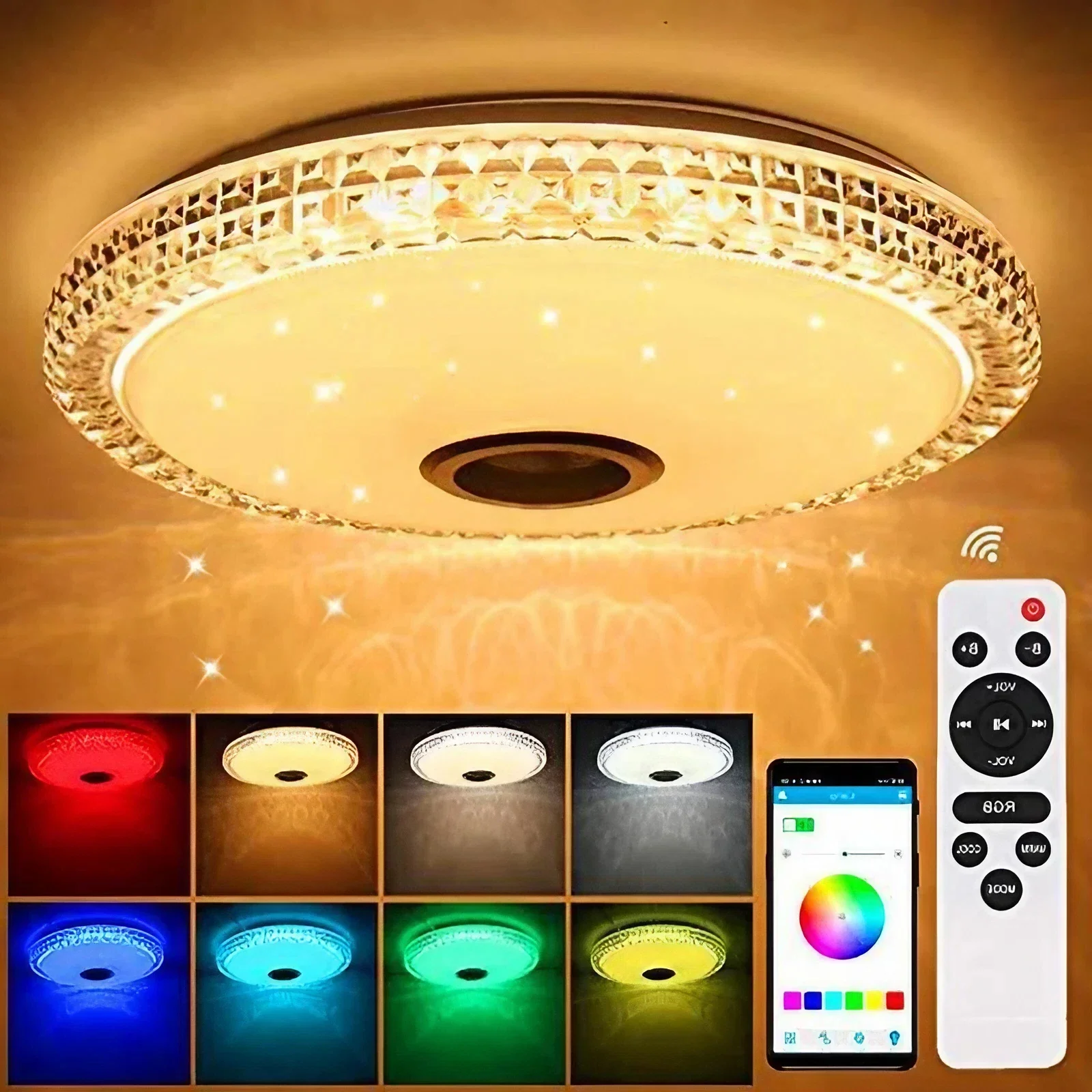 LED 스마트 램프 천장 RGB LED 조명, 밝기 조절 앱 제어 블루투스 스피커, 홈 침실 거실 주변 조명 2024