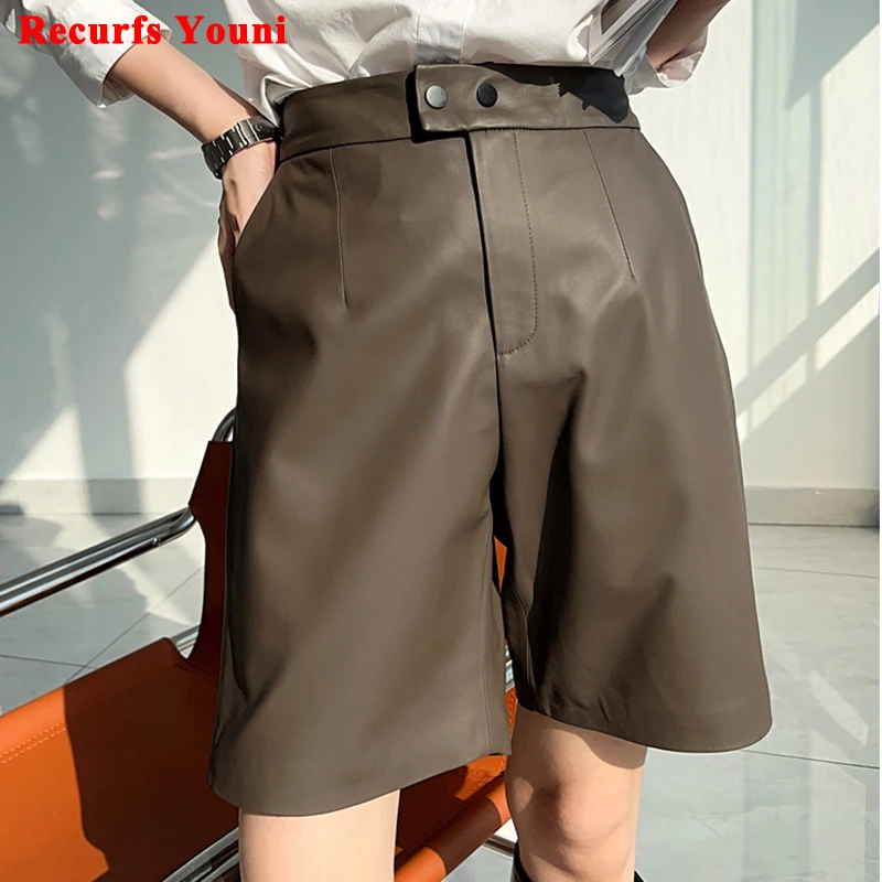 Women Leather Pants 2023 Spring Female Thin Casual Straight Lambskin Bermuda Shorts Mujer Minimalistic Suit Trousers Streetweer