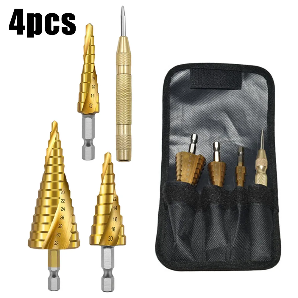 

4Pcs 4-12 4-32 4-20mm Straight Spiral Groove Step Drill Bit Hole Cutter Drilling Metal Tool Accessories