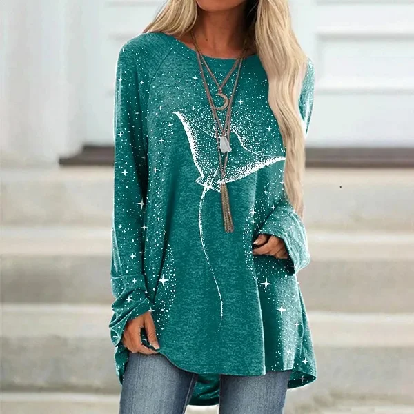 Starry Spotted Eagle Rays Print Tunic 3D All Over Printed Women's Round Neck Long Sleeved T-Shirt