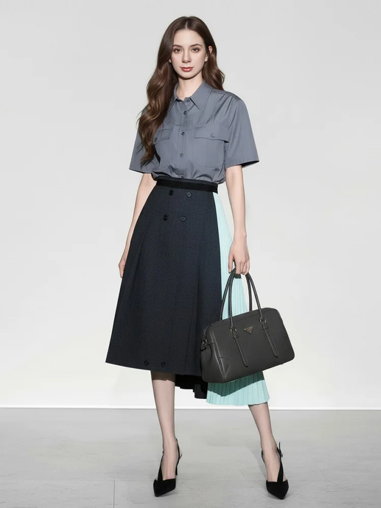

Summer 2026 Commute High Waist Short Sleeve Shirt And A-Line Skirt Set Women's Fashion Ensemble Spring Summer Casual Wear