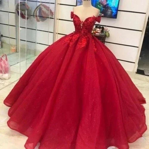 Off-Shoulder Red Ball Gown Quinceanera Dresses For 15 Party Lace Glitter Tulle Princess Birthday Sweet 16 Dresses