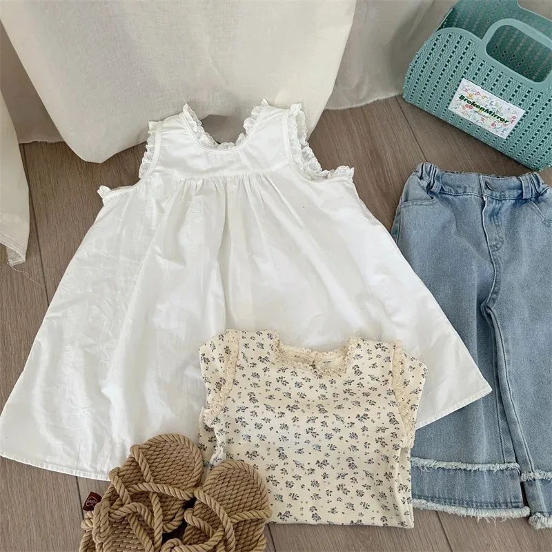 

Spring Summer Toddlers Girls White Sleeveless Dresses Korean Style Lace Children Casual Vest Dress