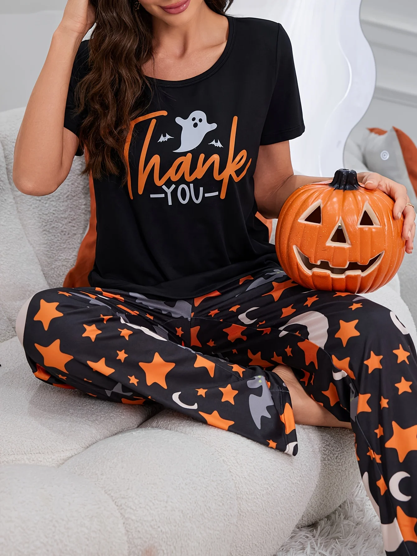 Halloween Limited Size Women's Summer Casual Cute Cartoon Printed Short-Sleeved Pants Pajama Set