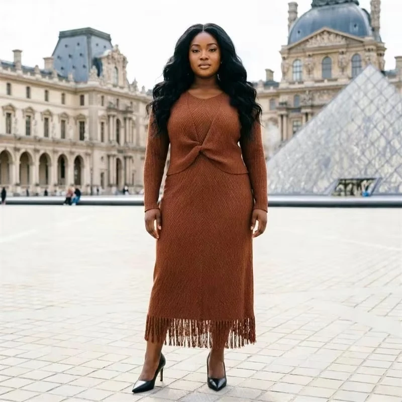 ANLAN Twisted Knit Design Women's Pleated Dress Round Collar Long Sleeve Fringe Hem Casual Fashion Cltohing 2026 Hot Sales