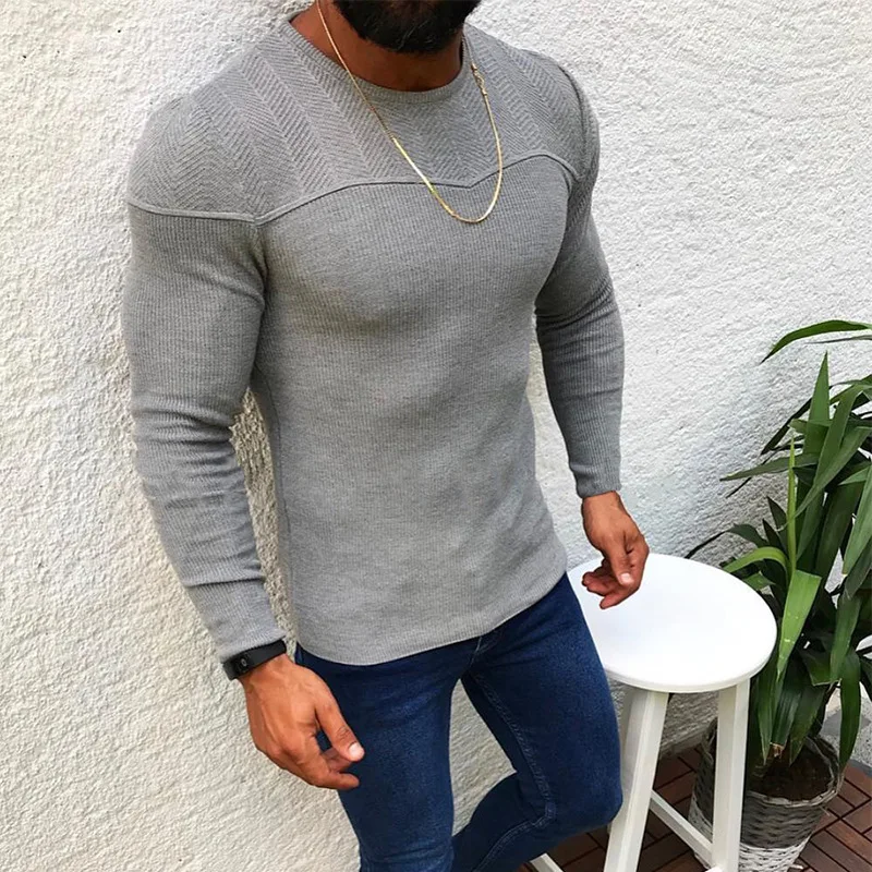 

Knitted Sweater Men's Autumn And Winter Solid Color Slim-fitting Crew Neck Long-sleeved Pullover Sweater