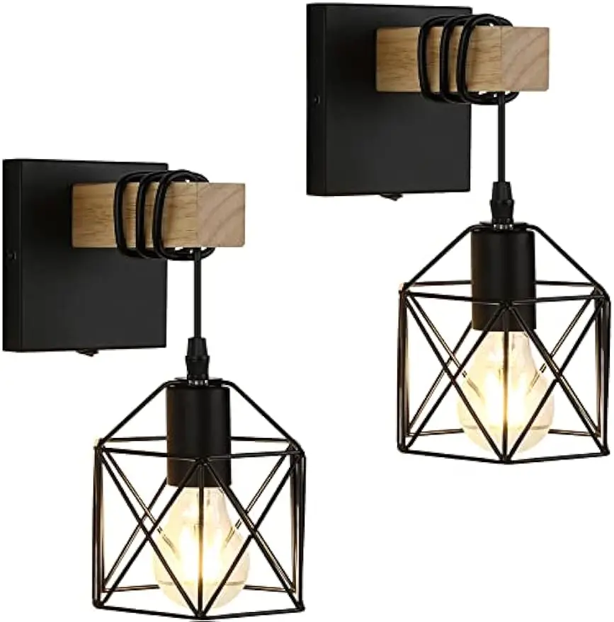 Lightess Black Wall Sconce with ON/Off Switch Pack of 2, Dimmable Cage Wall Mount Light Fixture Industrial Farmhouse Lighting