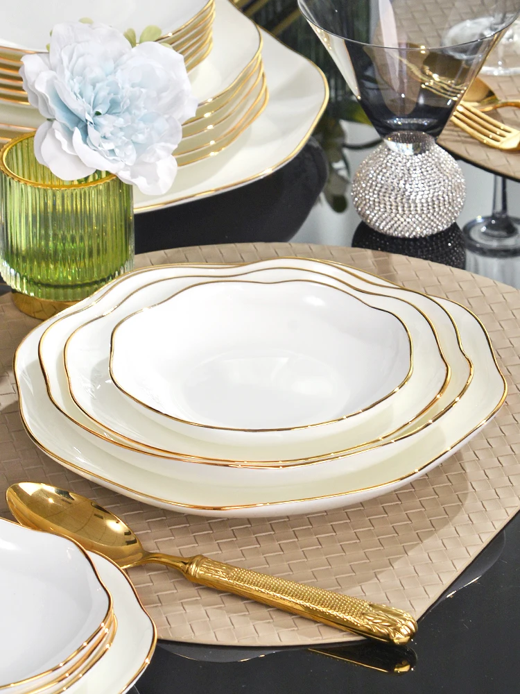 

New 2025 Gold Rimmed Bone China Deep Di Creative Wok Sle Soup Plate Chinese Cuisine Home Use Diwaer Not Supported