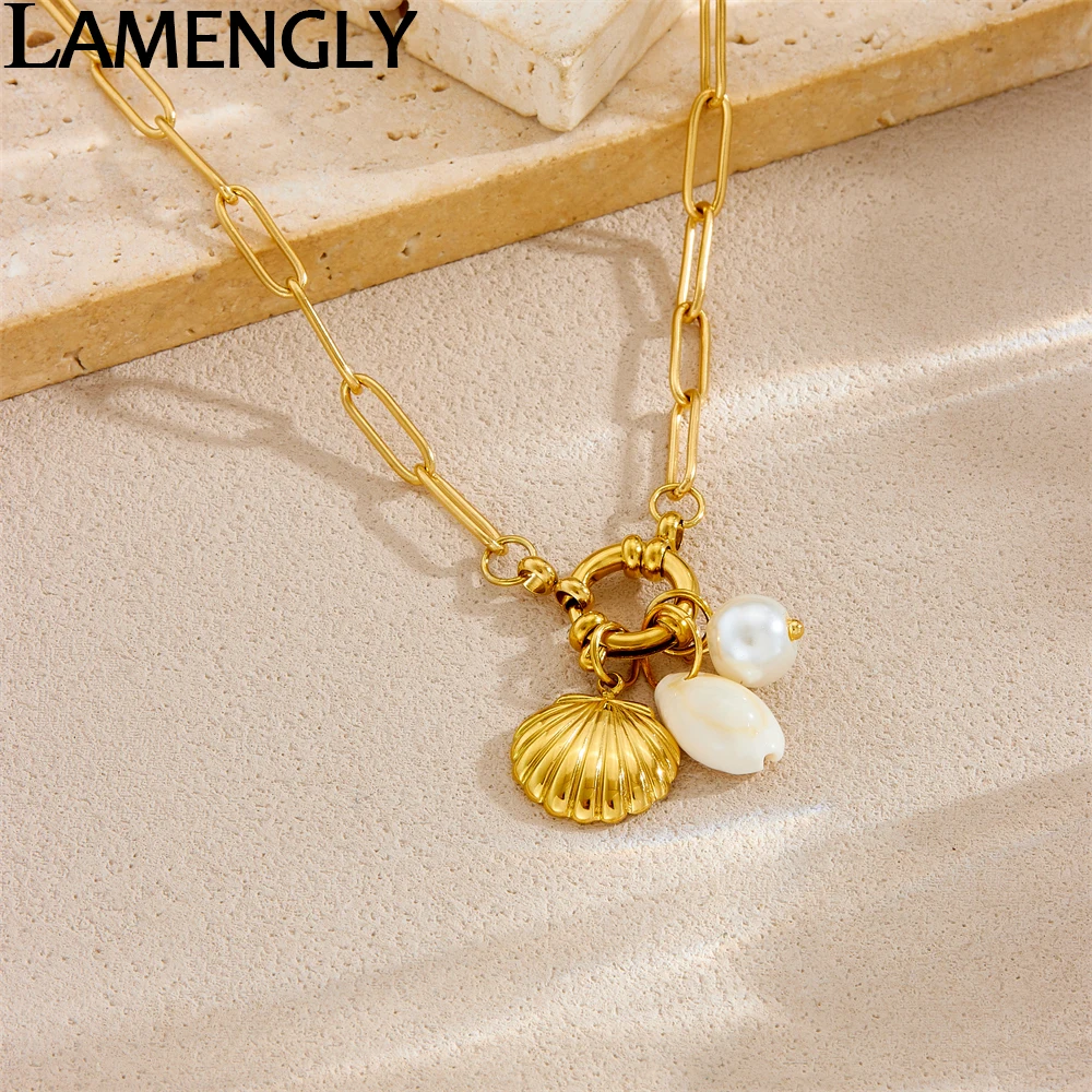 

LAMENGLY 316L Stainless Steel Novel Chic Lock Chain Snap Hook Pearl Shell Pendant Necklace Women New Trend Clavicle Chain Gift