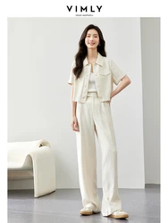 VIMLY Women's Solid Commuter Pants Set Summer Simple Turtleneck Cardigan T-Shirt Top+Straight Slim Blazer Pants Two Piece Set