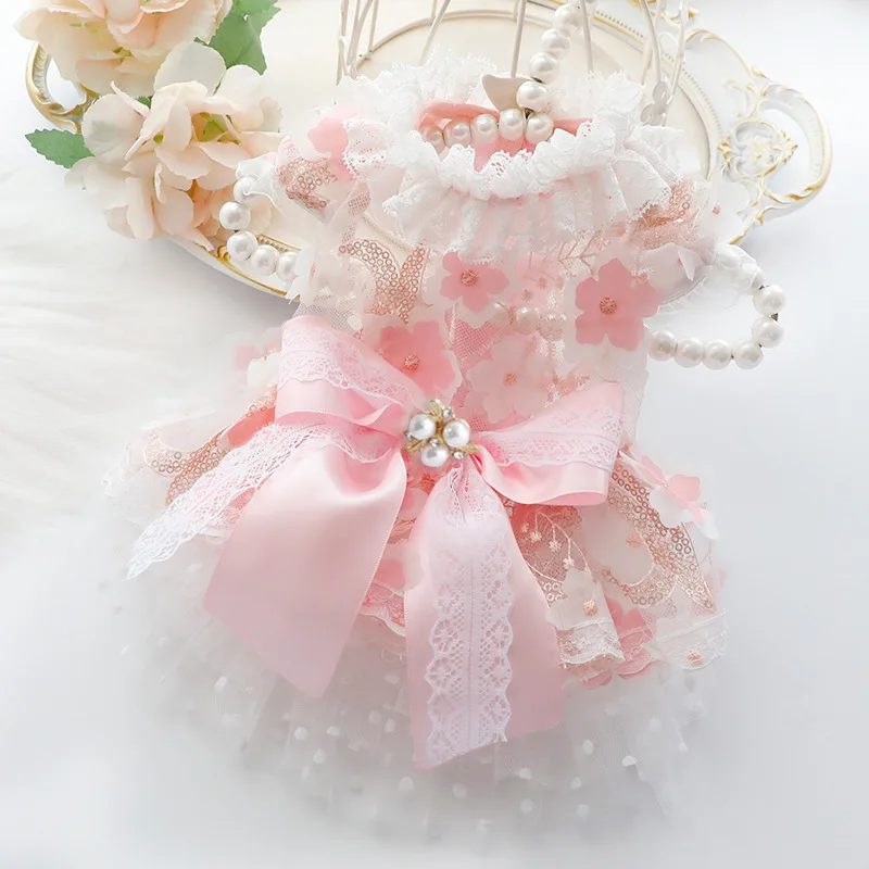 Spring Summer Thin Style Pet Cat Dog Flower Dress Princess & Wedding Gown Design Handmade Dress For Teddy Dogs