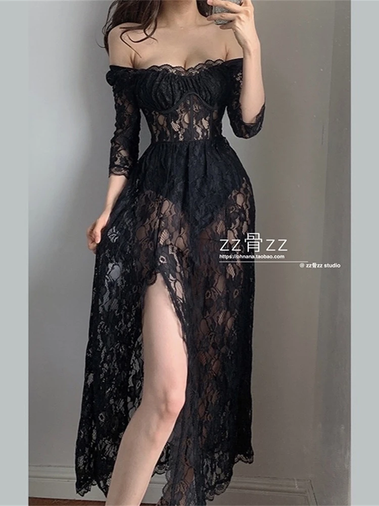 Vestido largo bohemio de manga larga para mujer, prenda coreana con cuello cuadrado, malla de encaje transparente, cintura alta, abertura, diosa, 8P