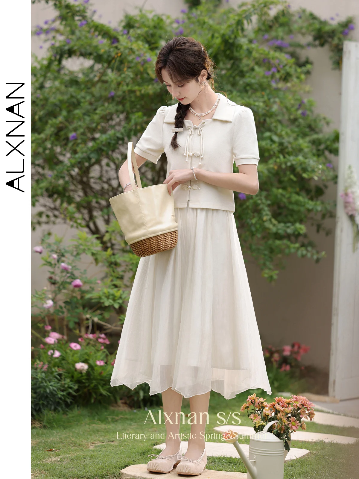 ALXNAN Women's Mesh Skirts Summer 2024 New Pleated Midi Elegant A-line Gentle Chinese Style Loose Skirt Woman Clothing L33937-1