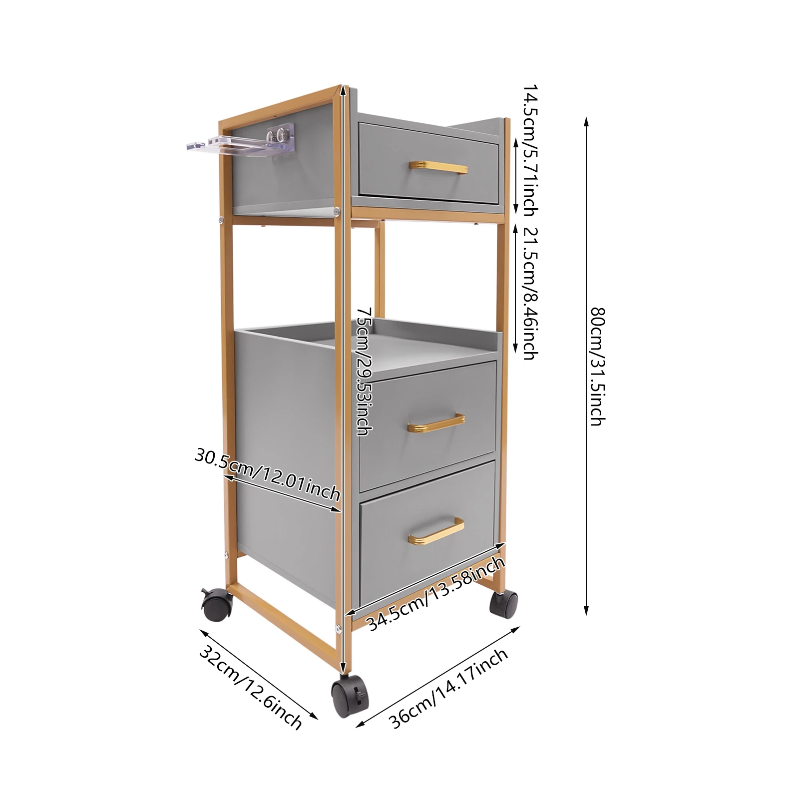 Barber Trolley, Salon Cart, Salon Storage Cabinet 3 Drawer Rolling Gold Frame Grey Board High Load Durable Salon Tool Organizer for Hairdresser