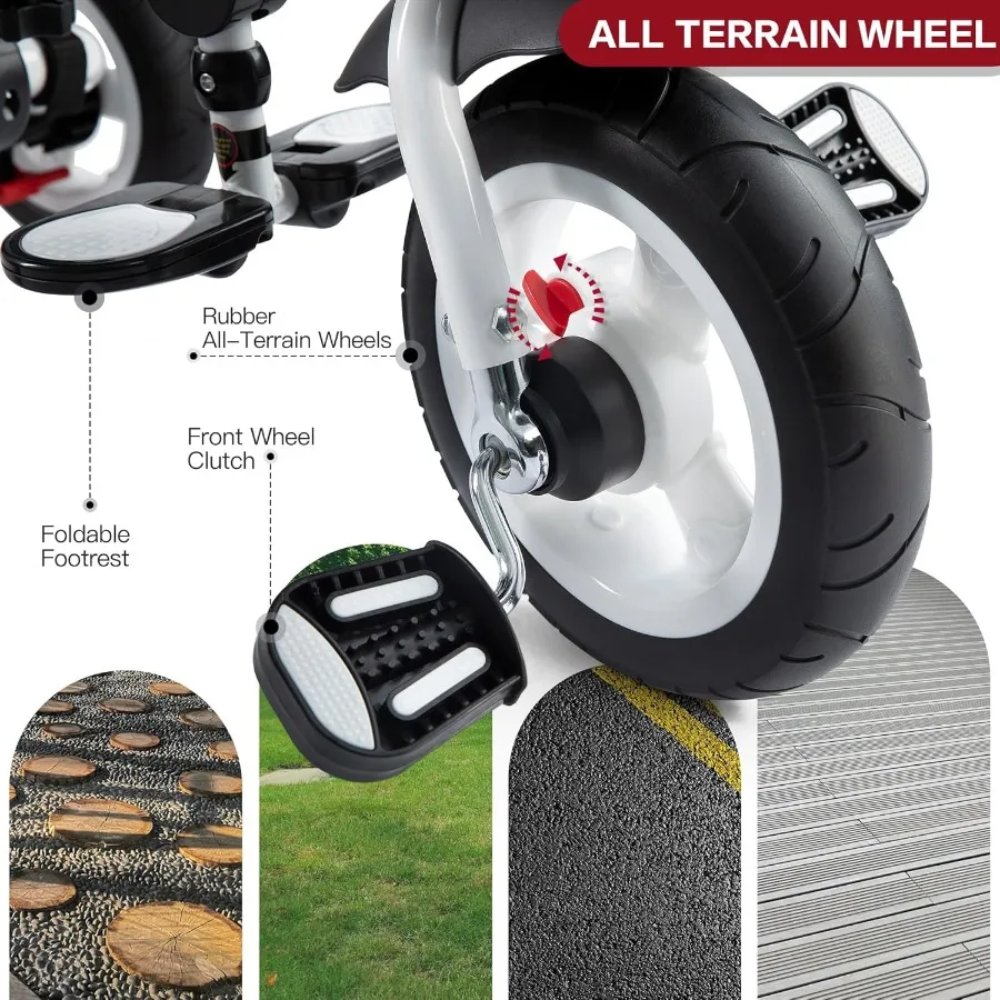 8 in 1 Tricycle Stroller with Push Handle, Foldable Trike with 360° Swivel Seat, Reclining Backrest, All-Terrain Wheels, Dual Br