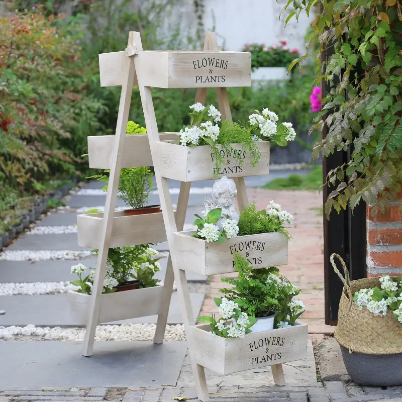 Preservative wood flower stand flower shop outdoor green dill succulent courtyard flower pot stand balcony solid wood floor rack