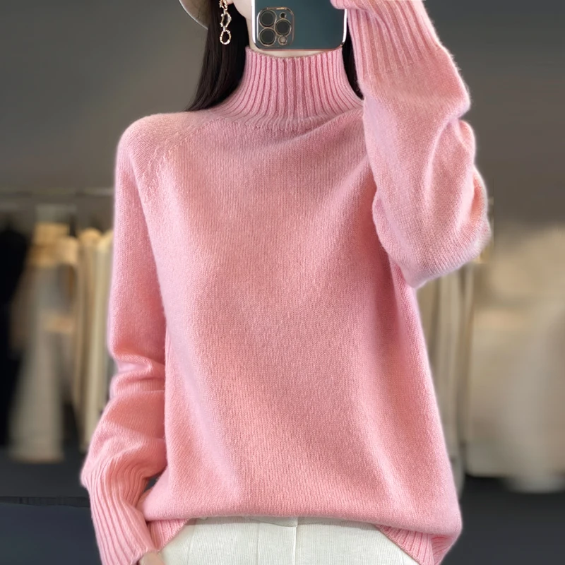 2024 Autumn/Winter New Fashionable Knitted Half High Neck Side Vertical Pattern Slimming Woolen Sweater