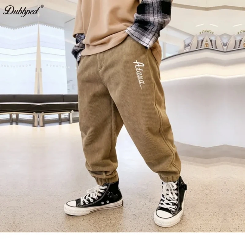 Dubbped Children Trousers Girls Boys  Autumn Winter Fleece Thickening Solid Brown Black Grey Sport Casual Corduroy Pants 5-16 Y