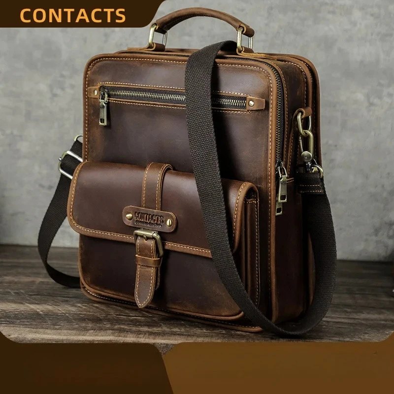 HTS-MB274 Retro Crazy Horse Leather Men's Handheld Crossbody Bag Large Capacity Genuine Leather Shoulder Bag