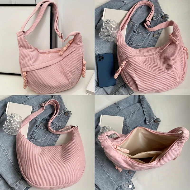 Corduroy Large Capacity Canvas Tote Bags, Fashion and Versatile Casual Single Shoulder Handbag, College Style Commuting Unisex