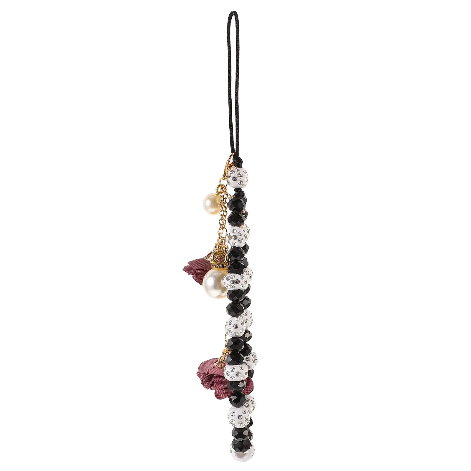 

Crystal Flower Pendant Black Beaded Lanyard Chain Crystal Phone Strap Lost Keychain Lanyard For Phone Mobile Accessories